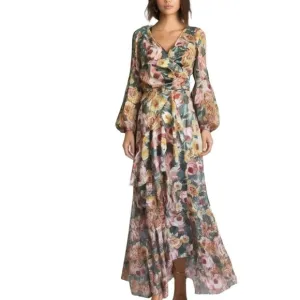 NWT Maxi Dress long Sleeve flowy asymmetrical chiffon lined Sz S