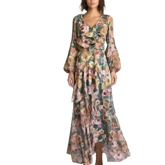 NWT Maxi Dress long Sleeve flowy asymmetrical chiffon lined Sz S