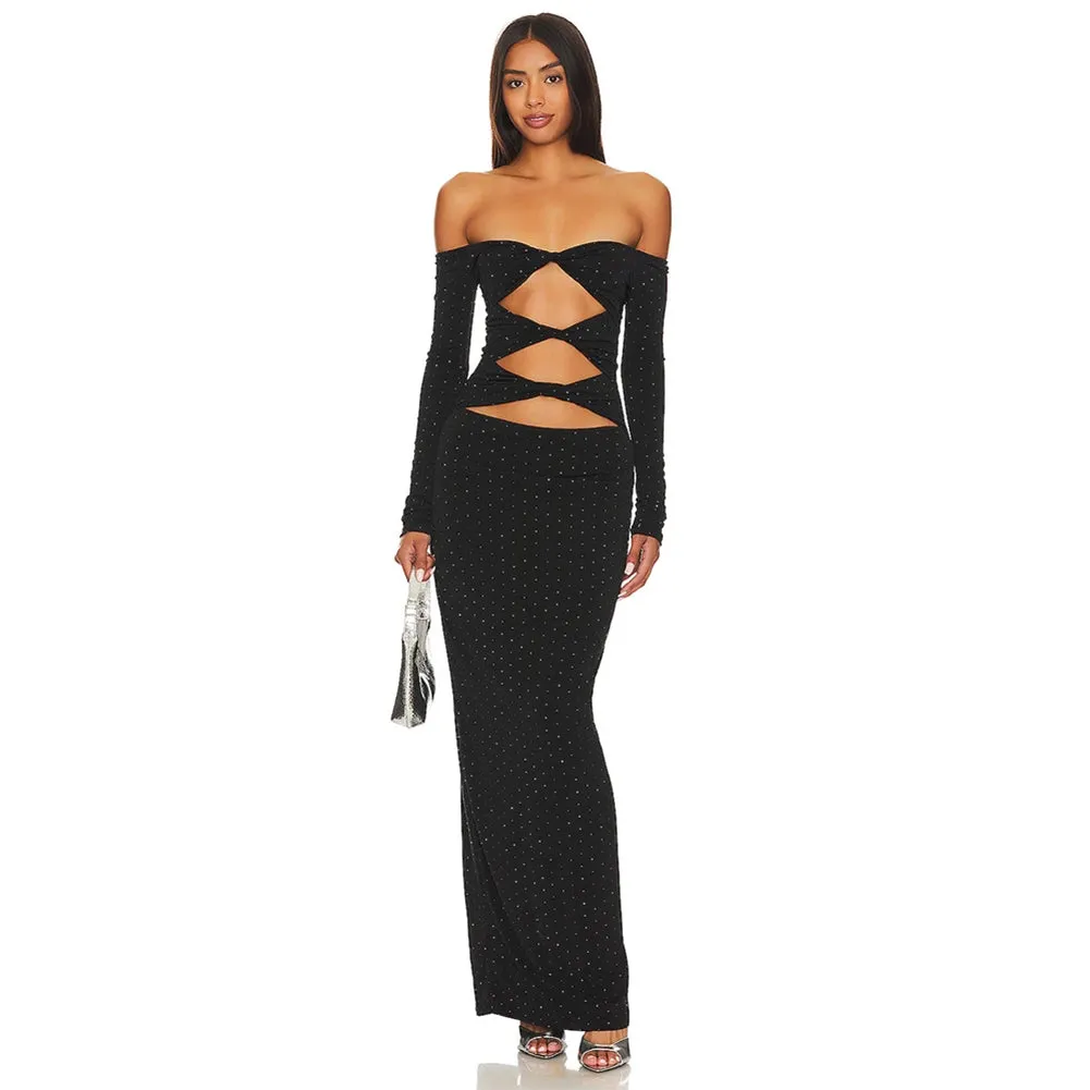 Off Shoulder Long Sleeve Cut Out Maxi Dress KLYF1020