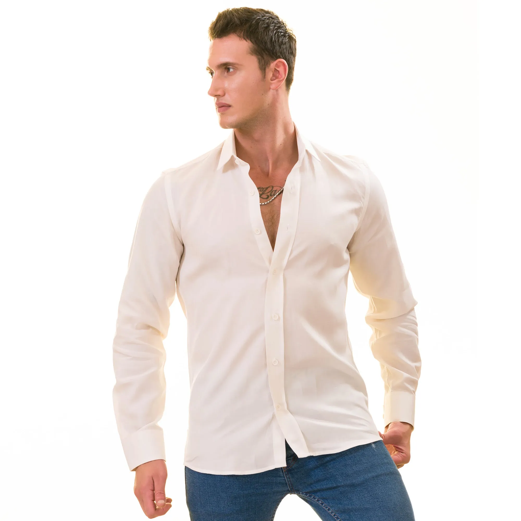Off-White Luxury Men's Tailor Fit Button Up European Made Linen Shirts
