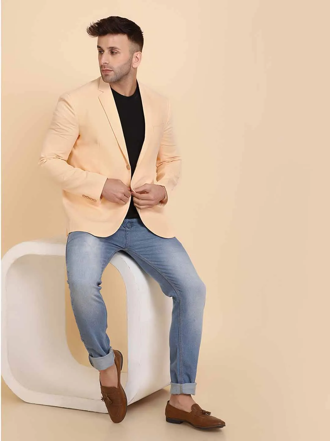 Orange Solid Single Breasted Casual Blazer