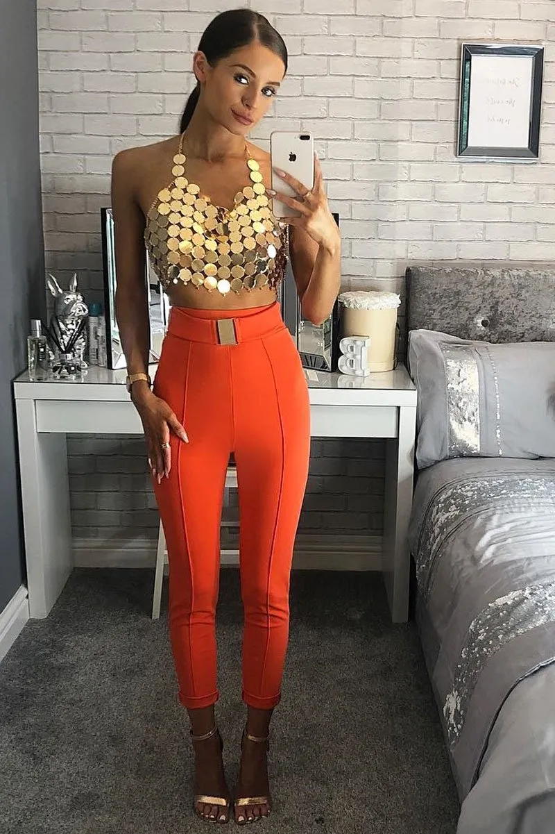 Orange Tapered Trousers With Gold Buckle - Zyana