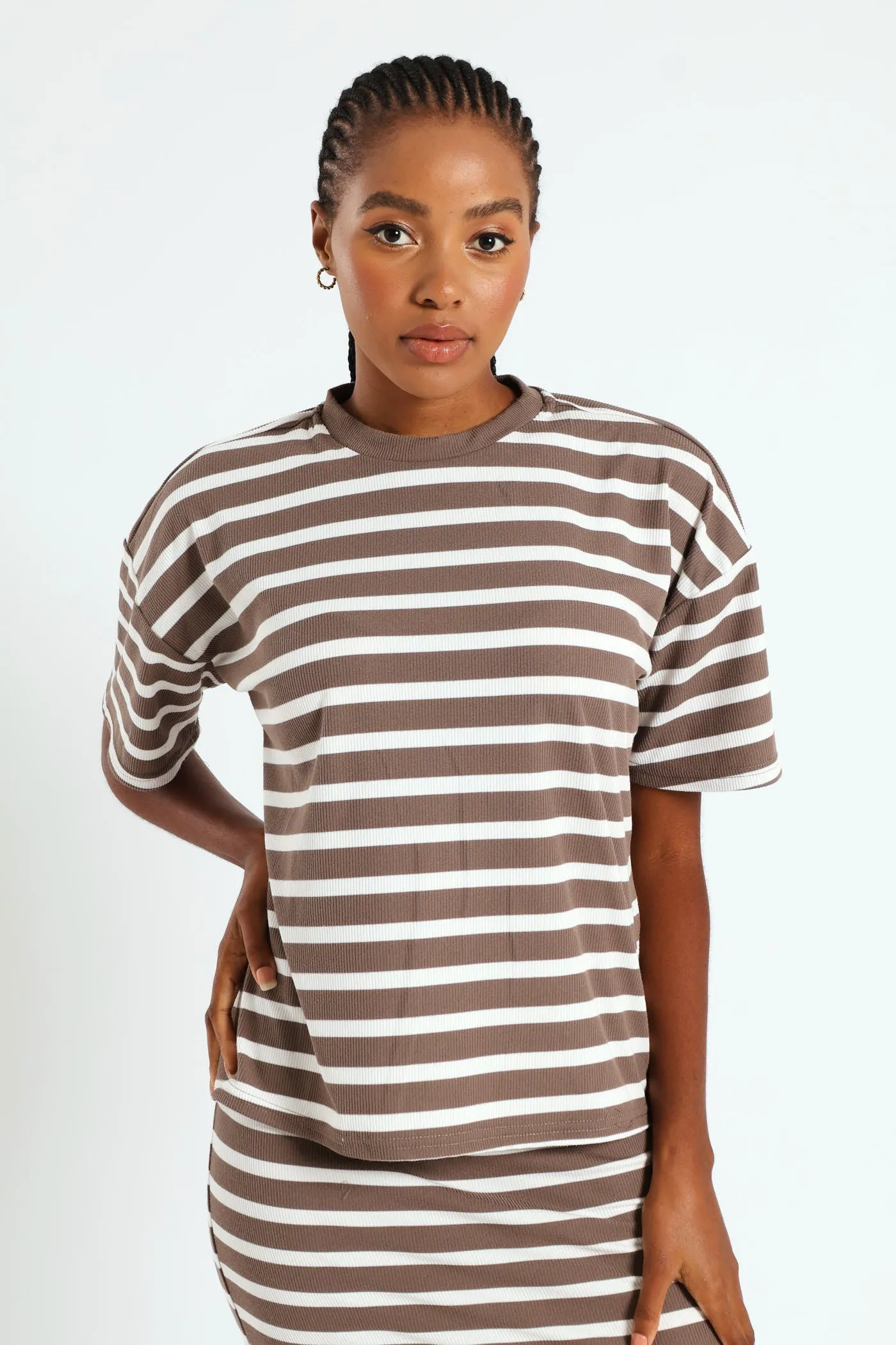 Oversized Striped Rib Boxy Tee - Beige/Mocha