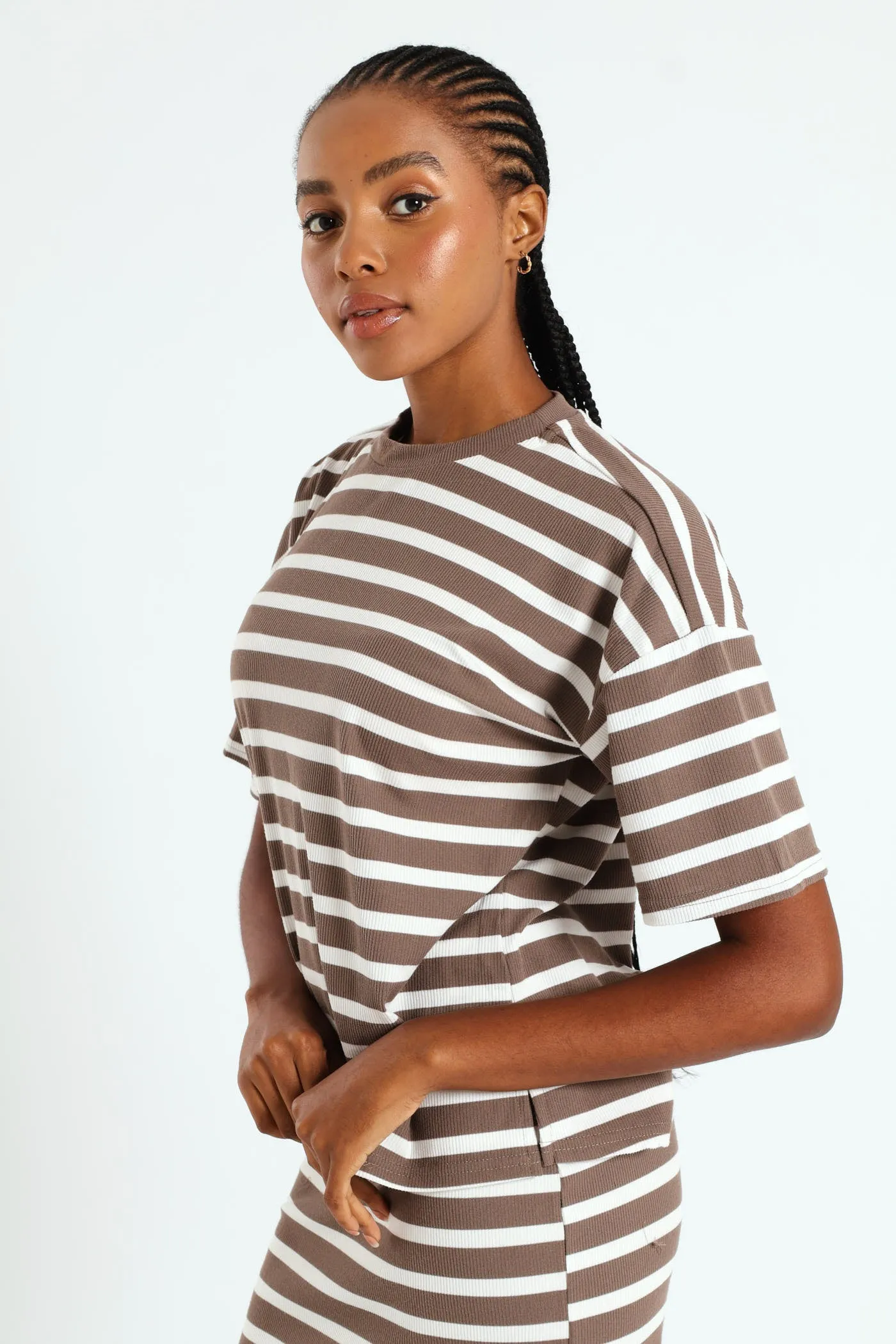Oversized Striped Rib Boxy Tee - Beige/Mocha