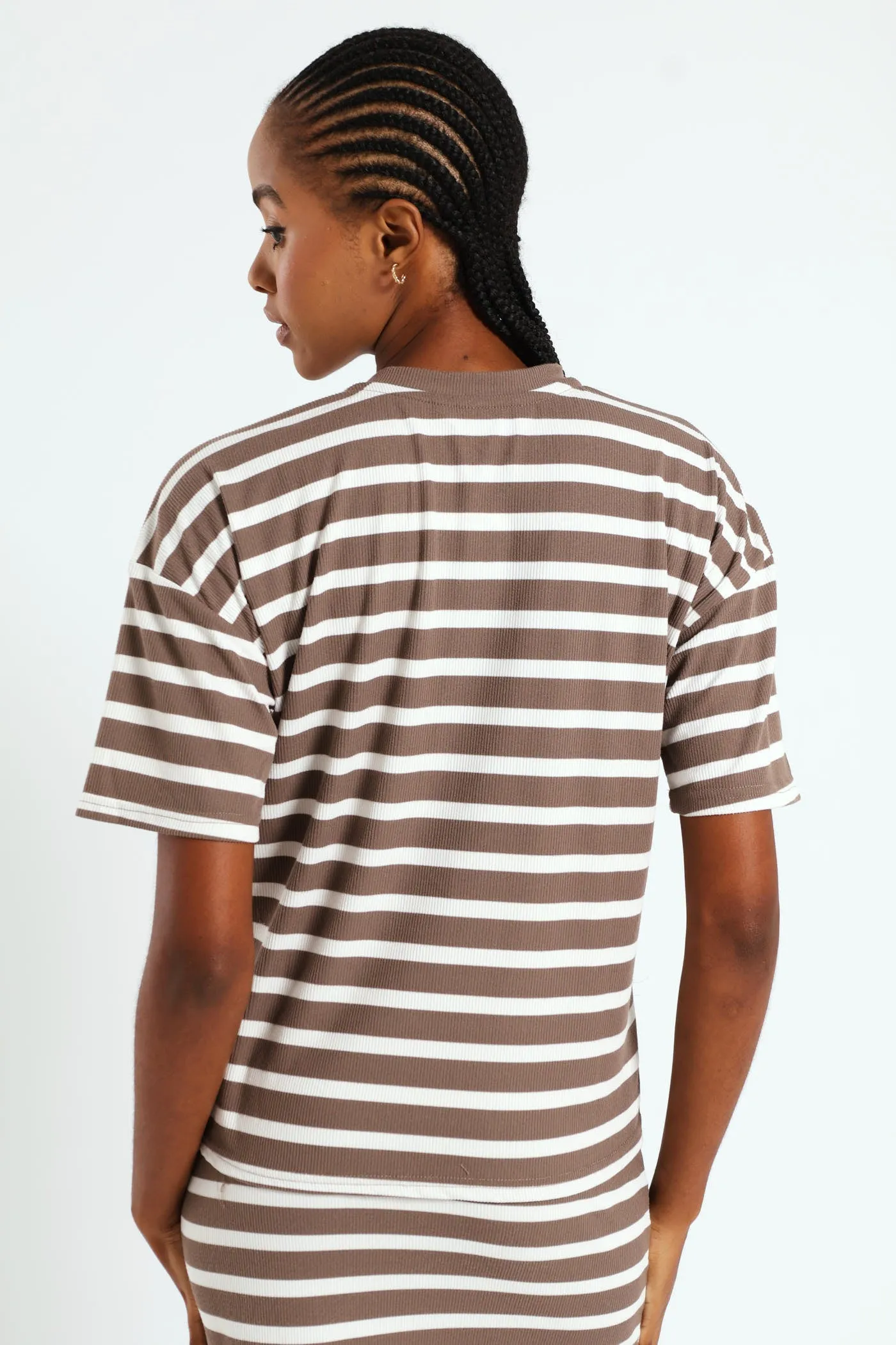 Oversized Striped Rib Boxy Tee - Beige/Mocha