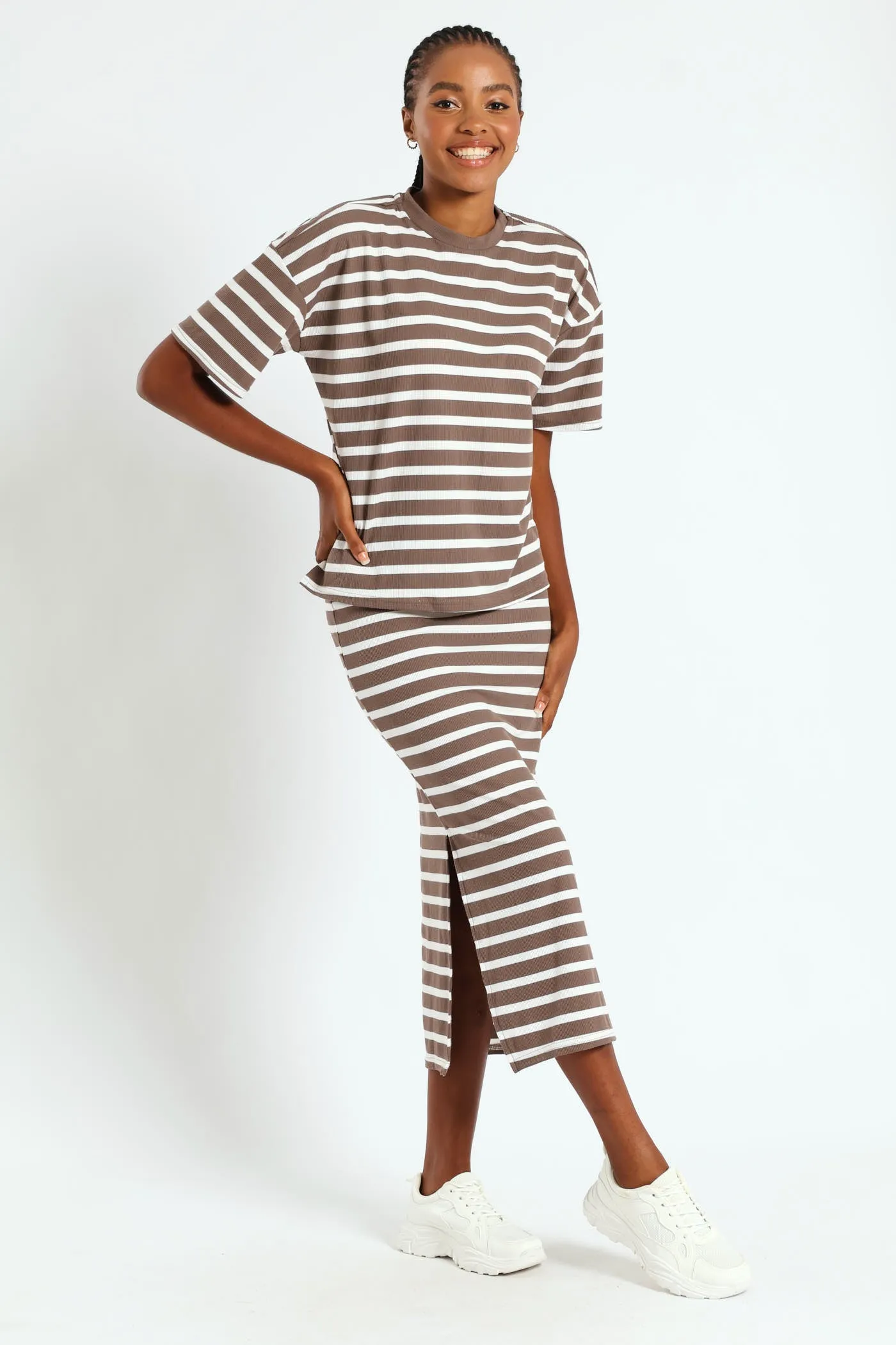 Oversized Striped Rib Boxy Tee - Beige/Mocha