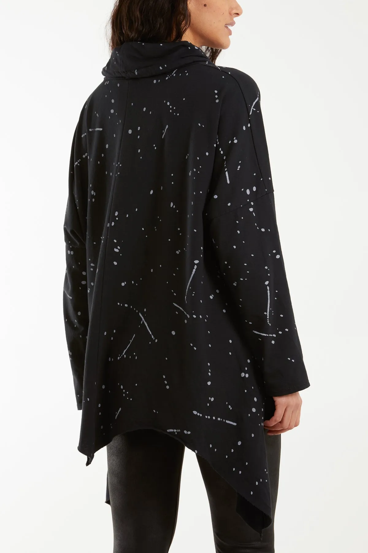 Paint Splatter Cowl Neck Hanky Hem Sweatshirt
