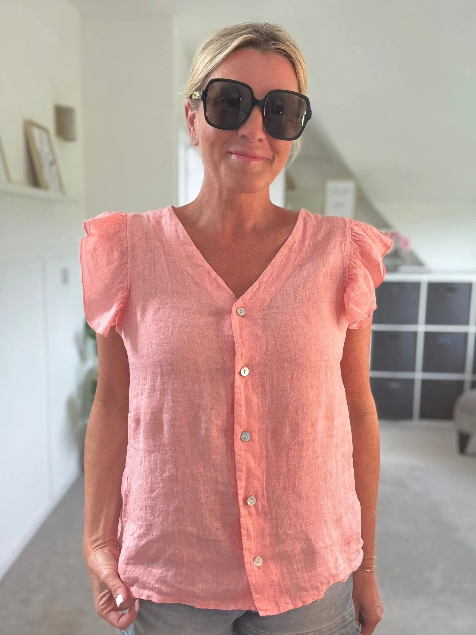 Pale Coral Frill Sleeve Linen Top