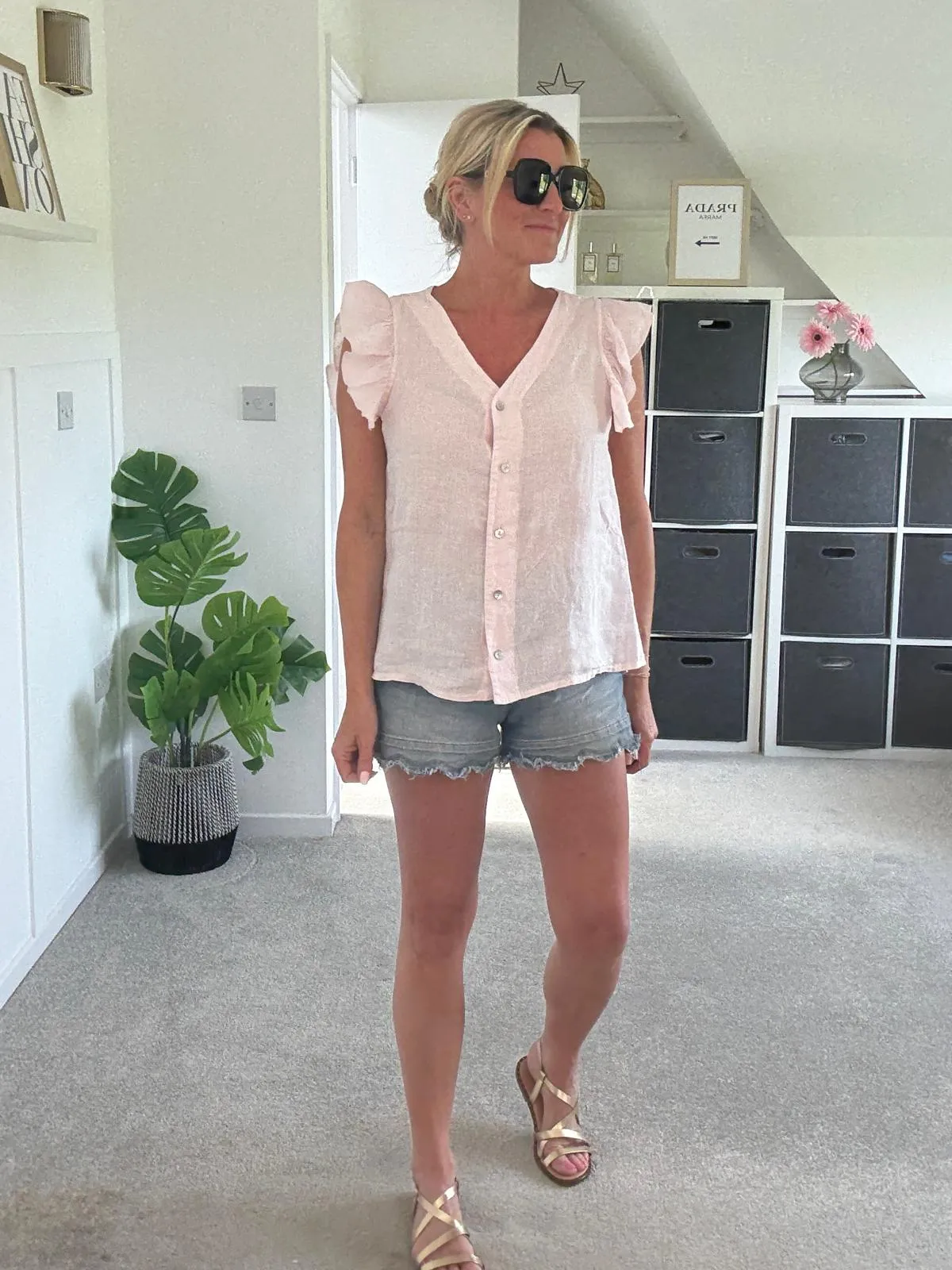 Pale Coral Frill Sleeve Linen Top