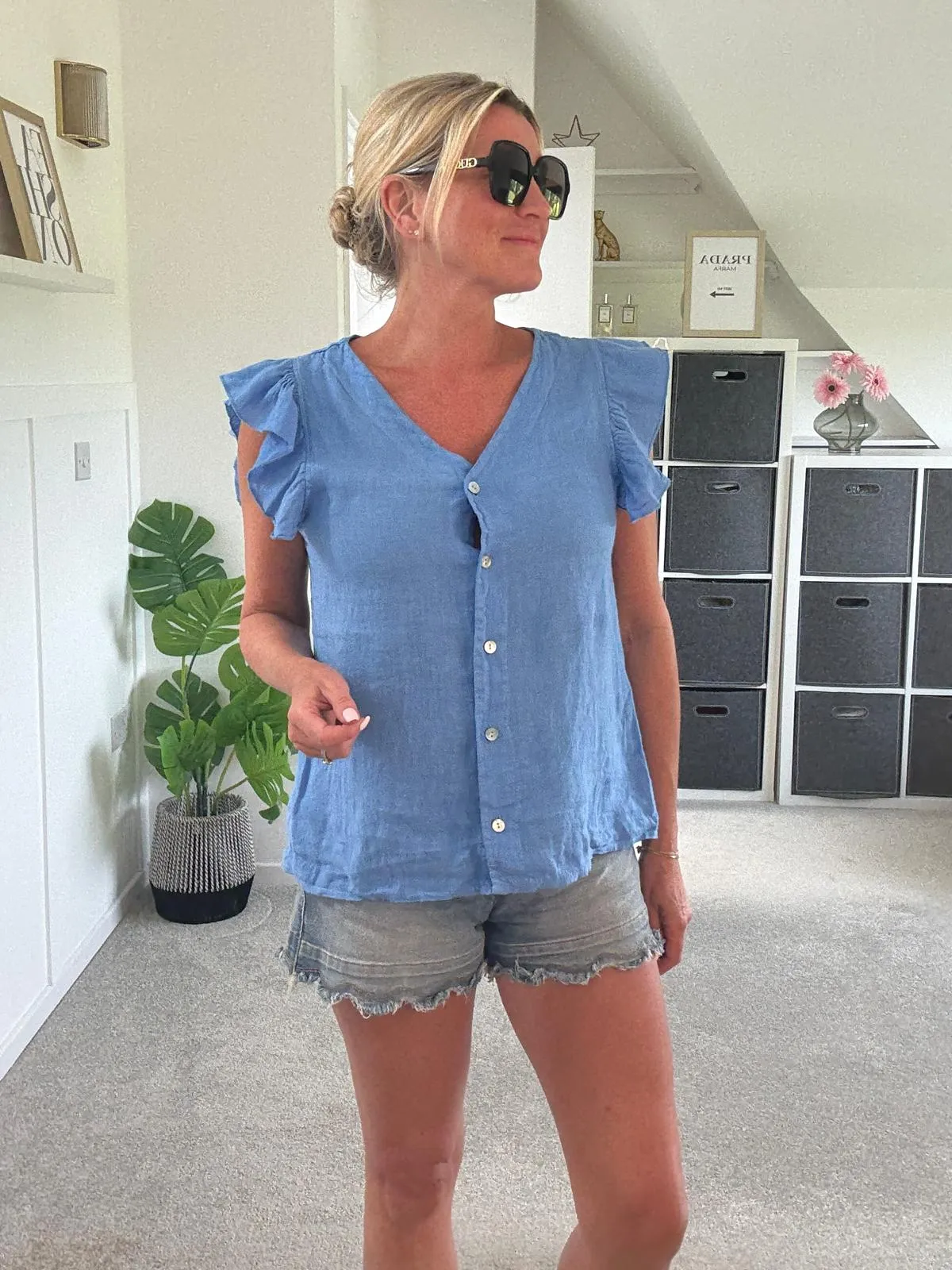 Pale Coral Frill Sleeve Linen Top