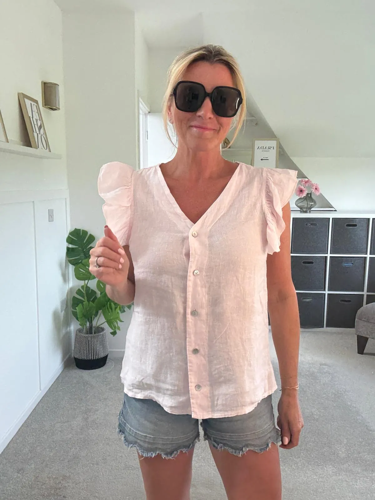 Pale Coral Frill Sleeve Linen Top
