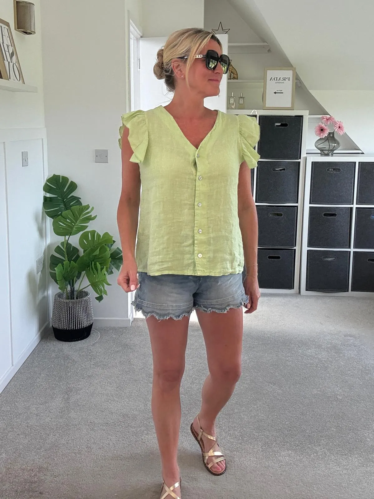 Pale Coral Frill Sleeve Linen Top