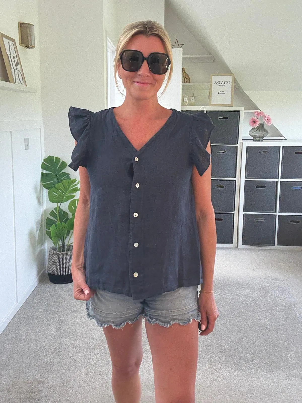 Pale Coral Frill Sleeve Linen Top