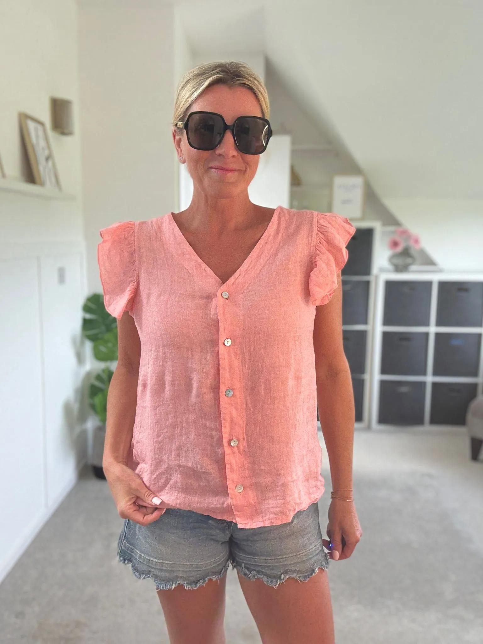 Pale Coral Frill Sleeve Linen Top