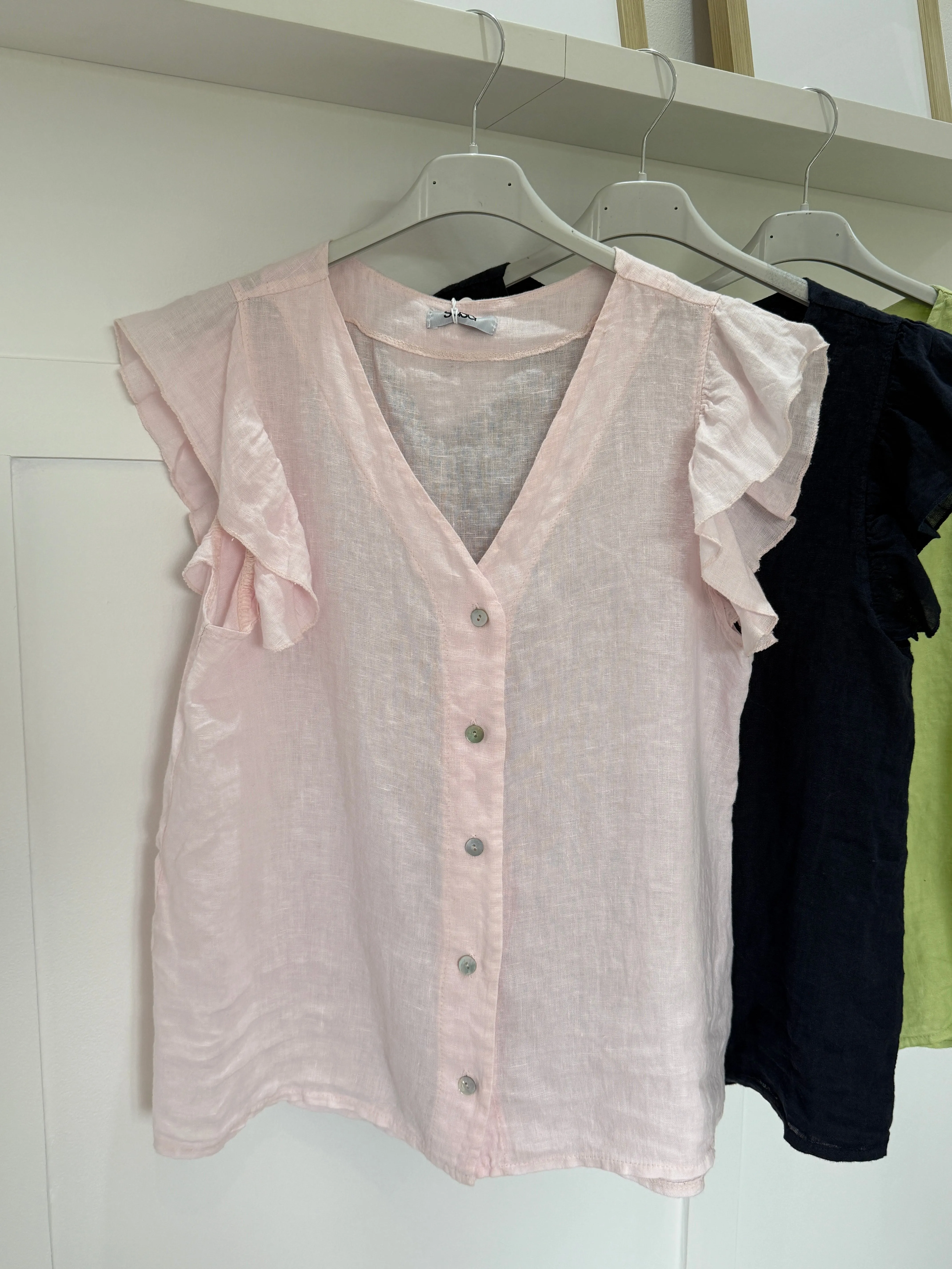 Pale Coral Frill Sleeve Linen Top