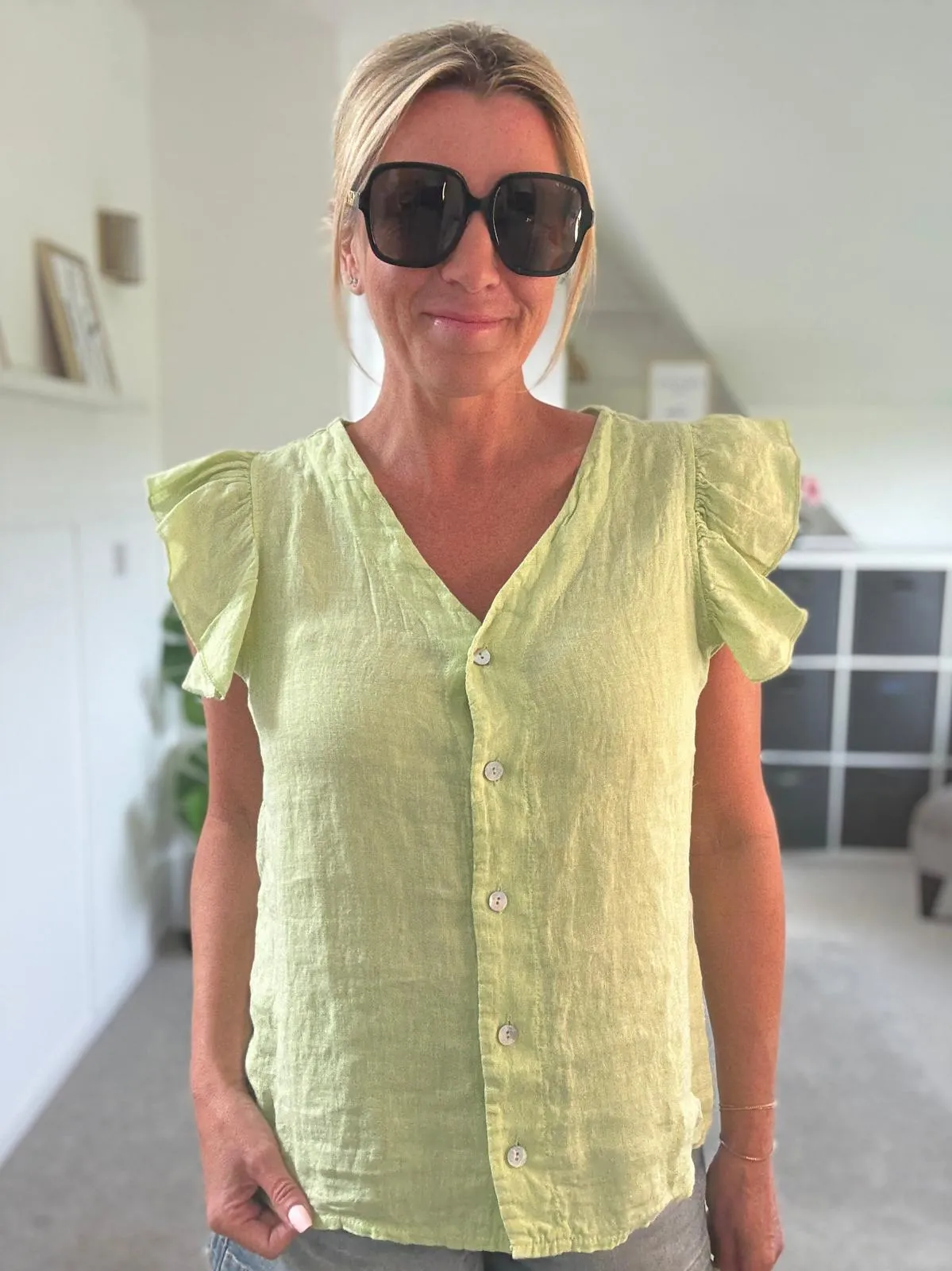 Pale Coral Frill Sleeve Linen Top