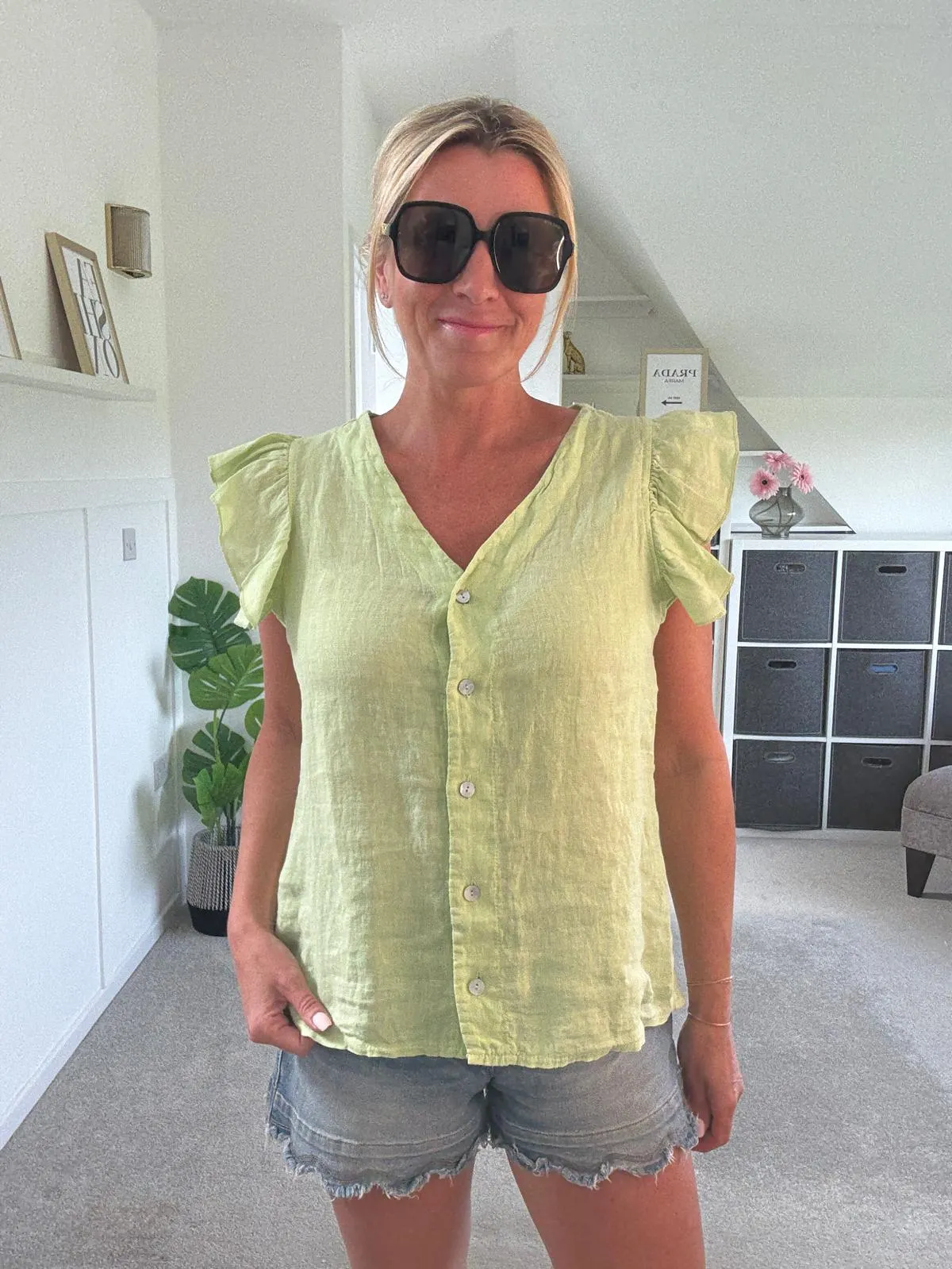 Pale Coral Frill Sleeve Linen Top