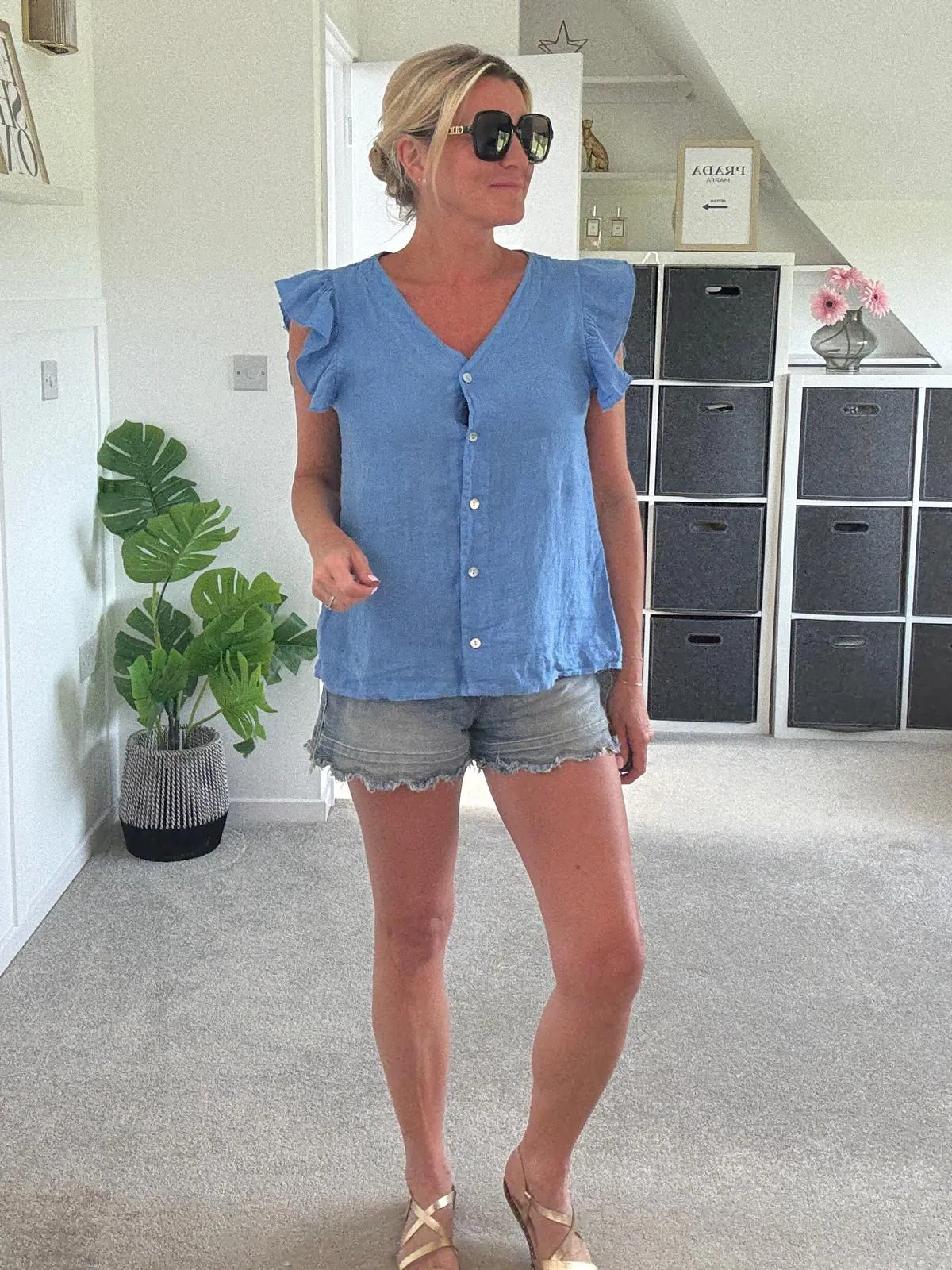 Pale Coral Frill Sleeve Linen Top