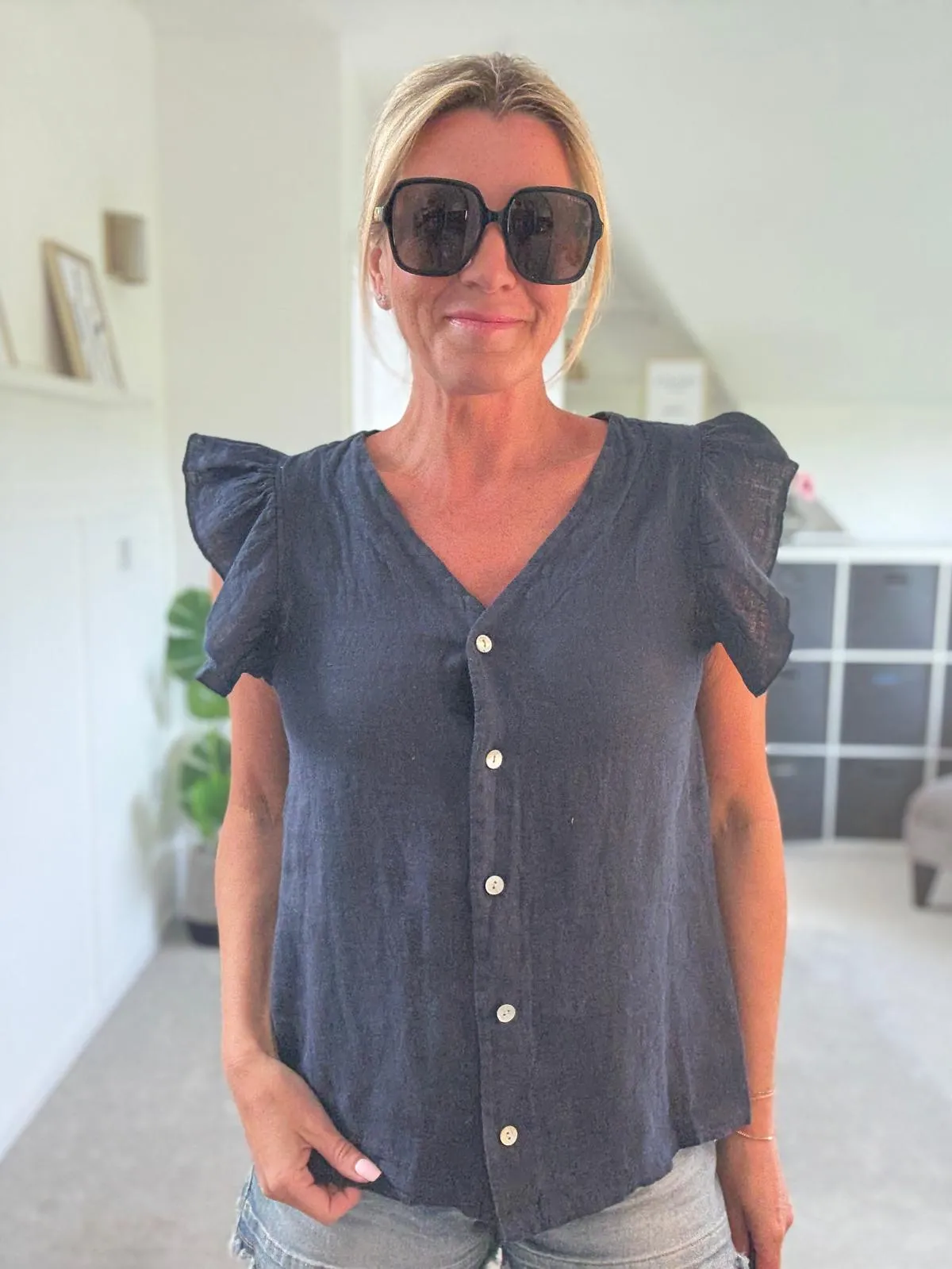 Pale Coral Frill Sleeve Linen Top