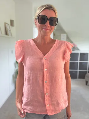 Pale Coral Frill Sleeve Linen Top