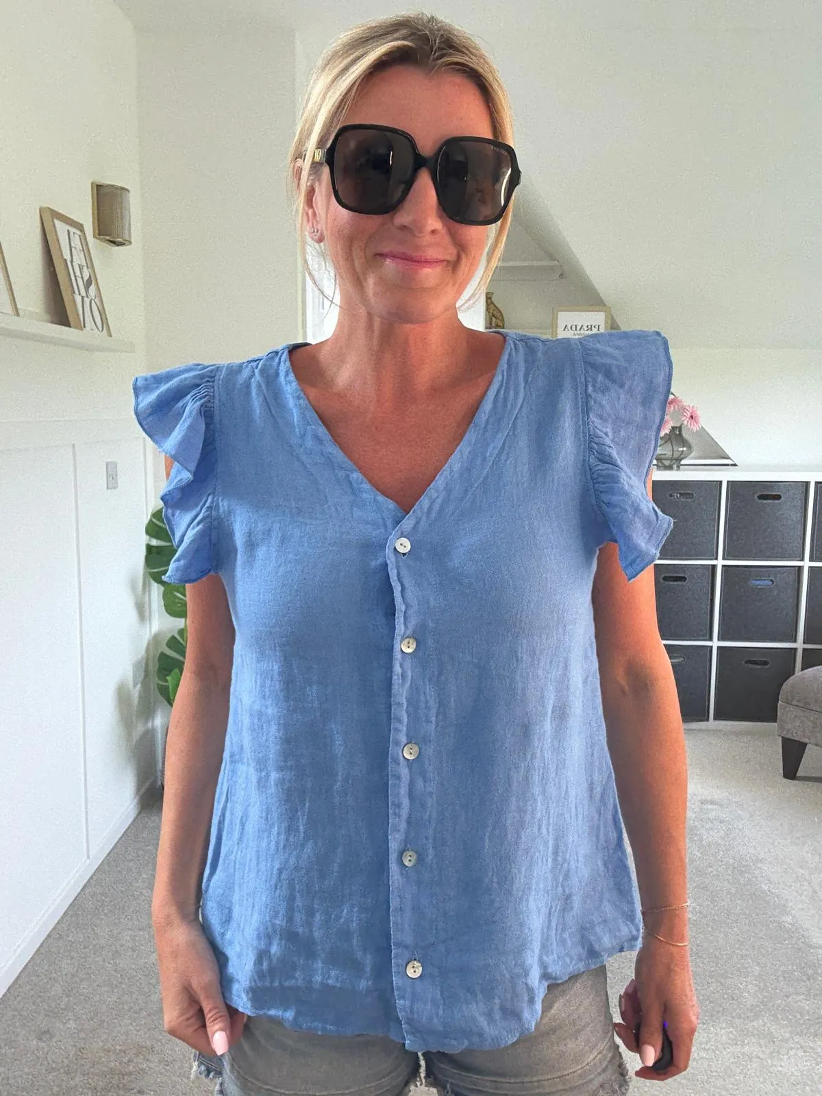 Pale Coral Frill Sleeve Linen Top