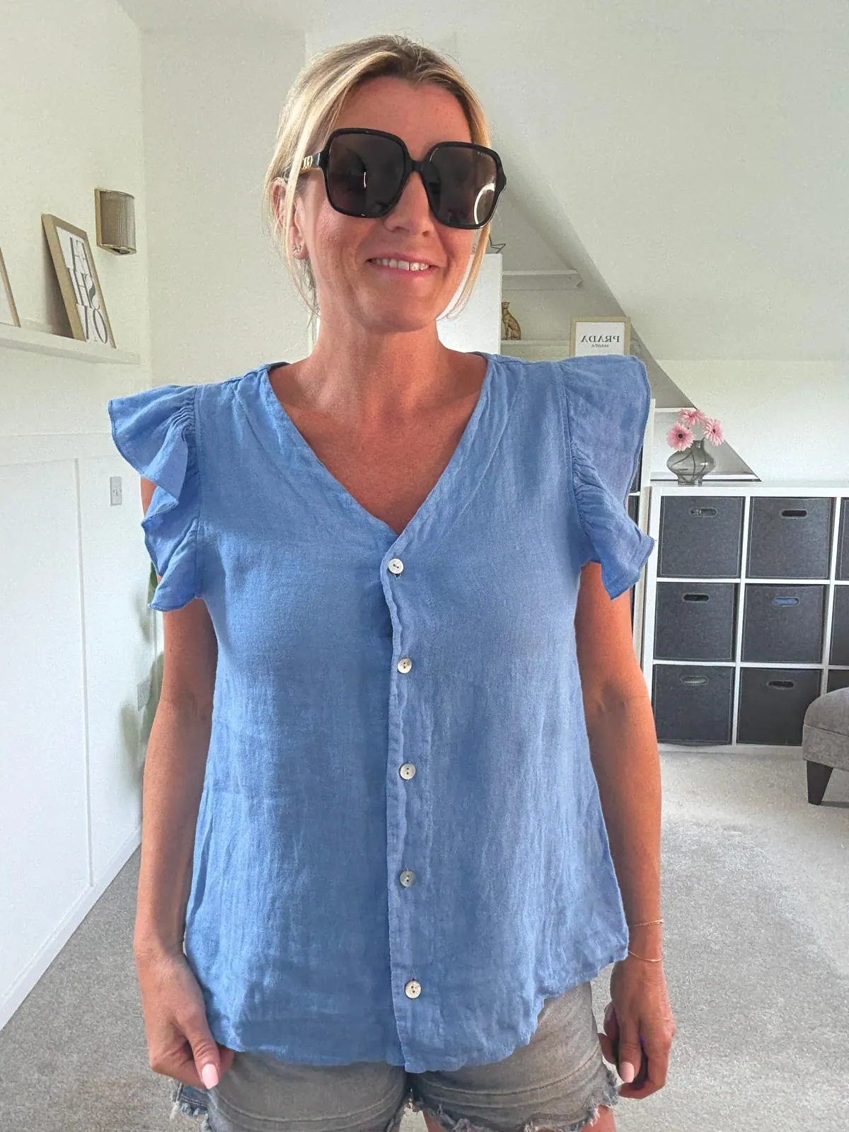 Pale Coral Frill Sleeve Linen Top