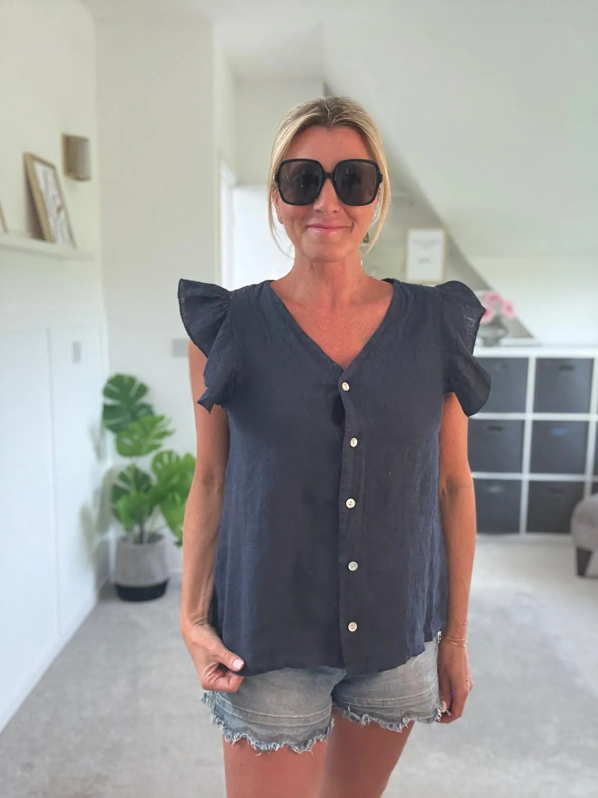 Pale Coral Frill Sleeve Linen Top