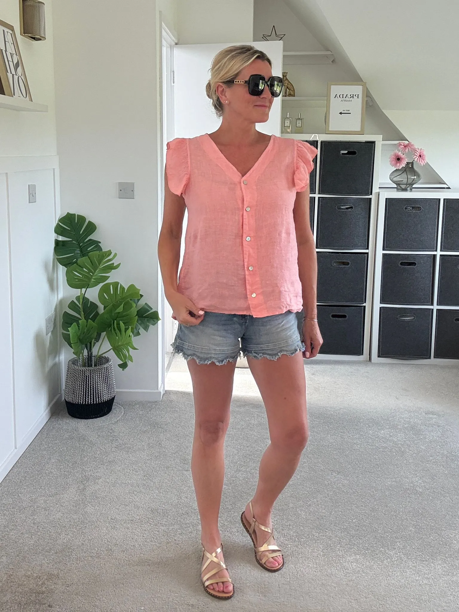 Pale Coral Frill Sleeve Linen Top