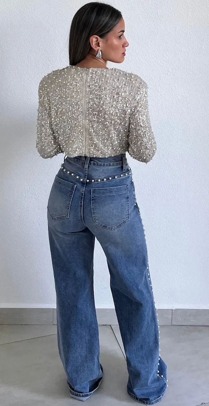 Pearls & Denim High Waist Flare Jeans