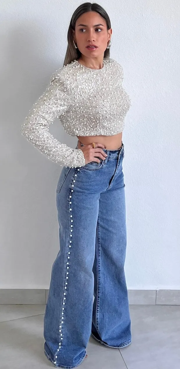 Pearls & Denim High Waist Flare Jeans