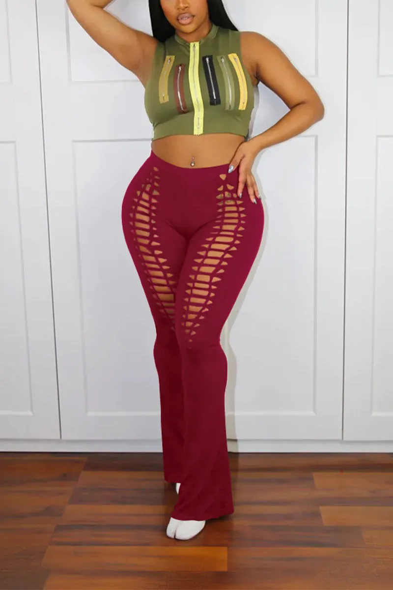 PI658 Solid High Waist Flared Pants