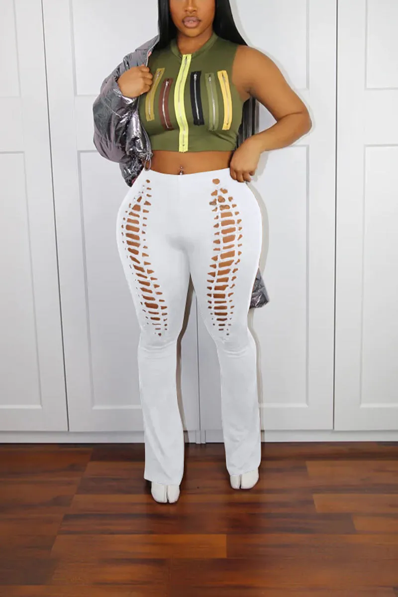 PI658 Solid High Waist Flared Pants