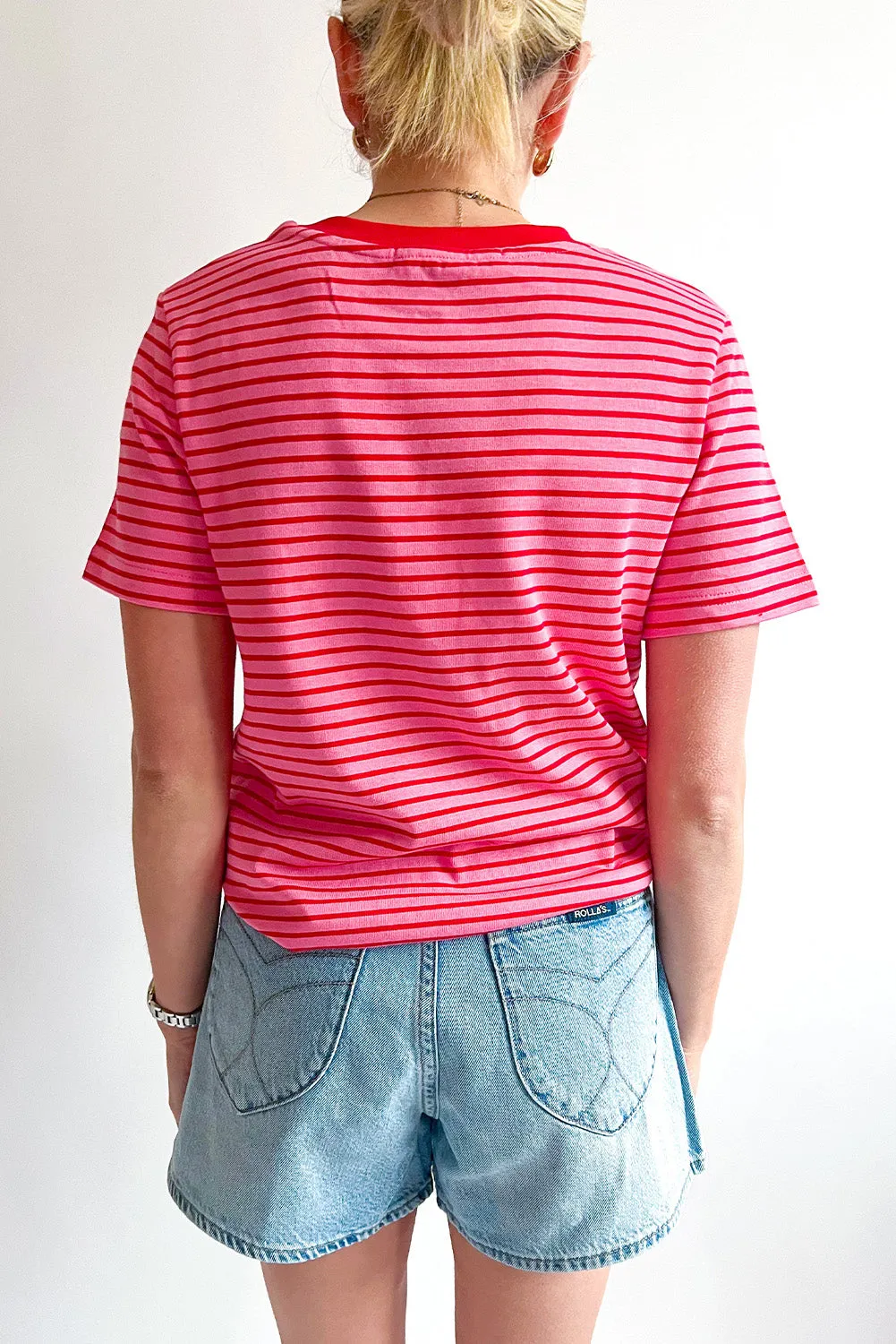 Pink Stripe Crew Neck T Shirt