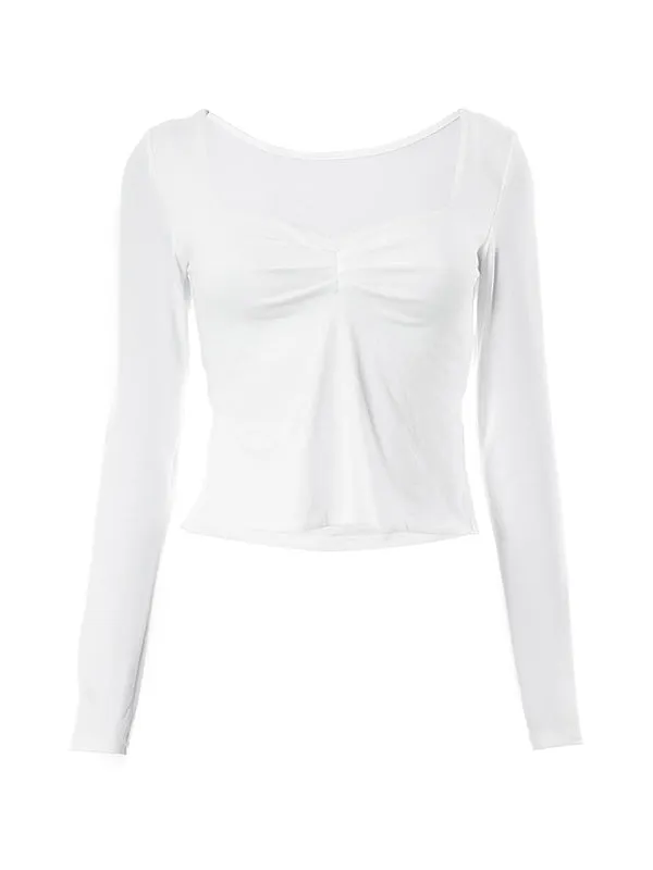 Plain long-sleeved top with square neckline and slit