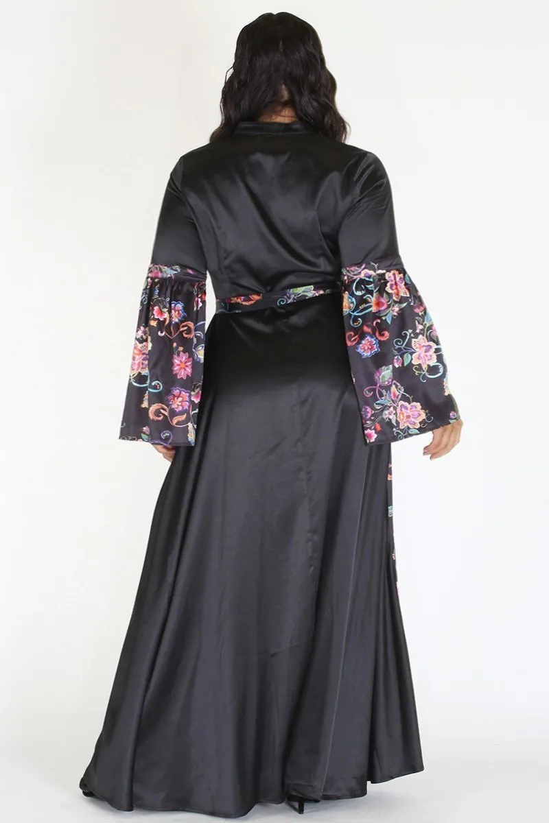 Plus Size Satin Queen Floral Embroidery Wrap Maxi Dress