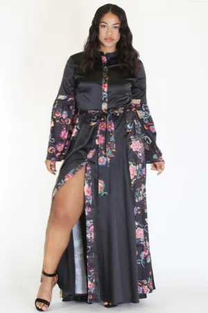 Plus Size Satin Queen Floral Embroidery Wrap Maxi Dress
