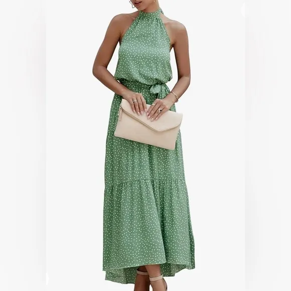 PRETTYGARDEN Halter Neck Sleeveless Maxi Dress tiered Sundress, polka dot, sz S