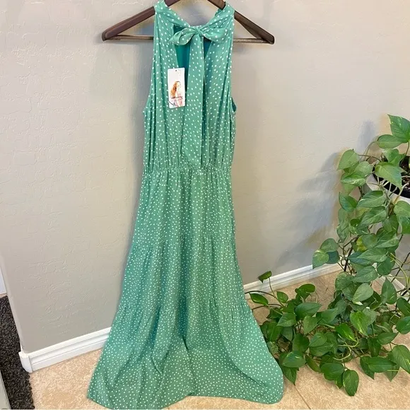 PRETTYGARDEN Halter Neck Sleeveless Maxi Dress tiered Sundress, polka dot, sz S