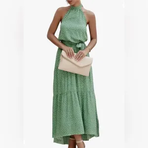 PRETTYGARDEN Halter Neck Sleeveless Maxi Dress tiered Sundress, polka dot, sz S