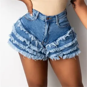 Rave High-Waist Layered Fringe Denim Shorts