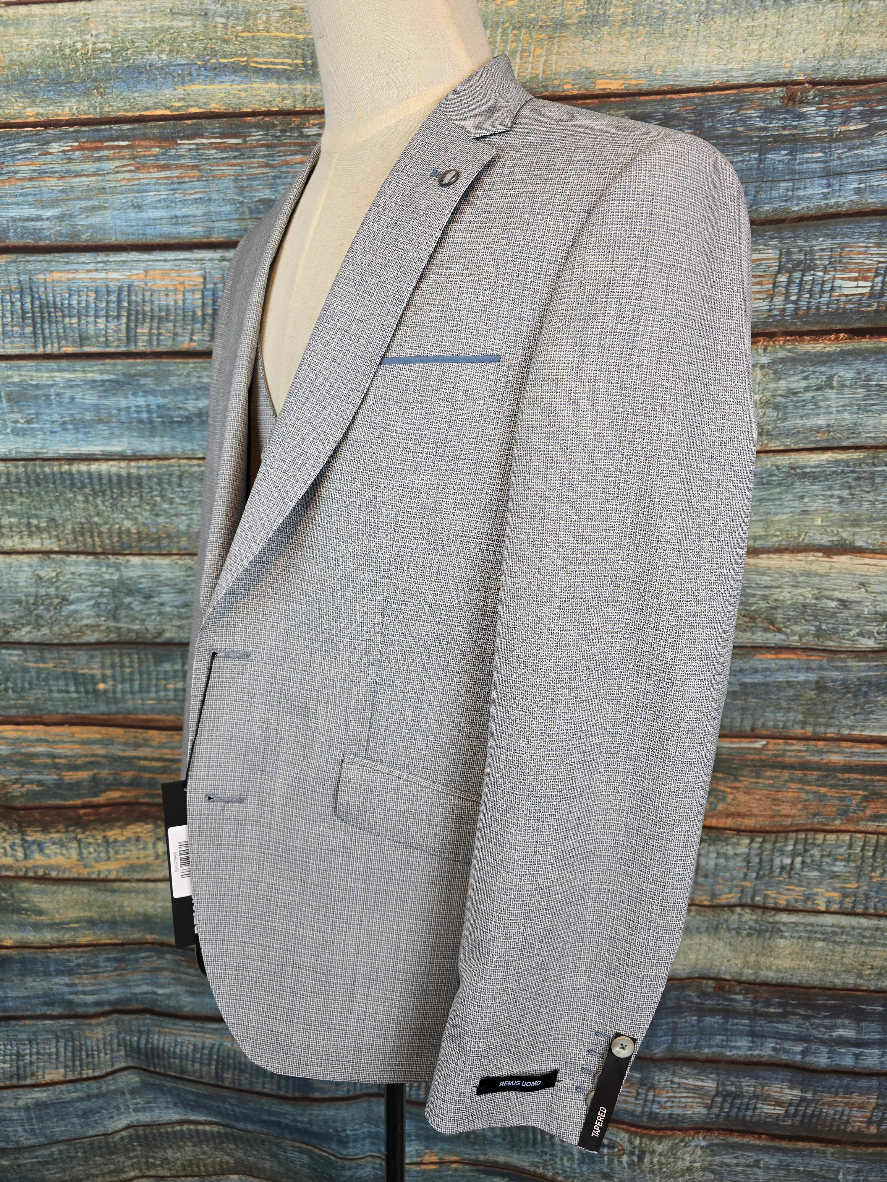Remus Uomo Light Grey/Blue micro check Tapered Fit 3 piece suit