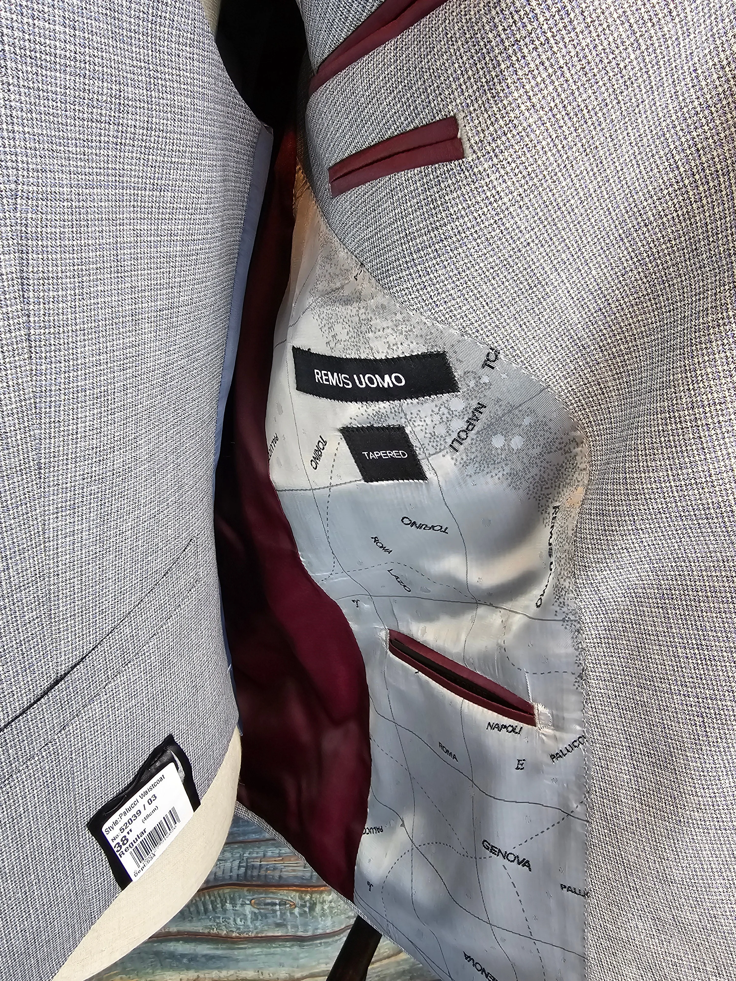 Remus Uomo Light Grey/Blue micro check Tapered Fit 3 piece suit