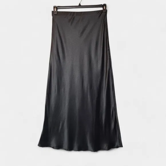 Renee C Womens Satin Maxi Skirt Black XL High Rise Elegant Shiny Flowy Feminine