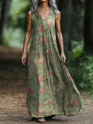 Retro Floral Print V-neck Sleeveless Loose Midi Dress