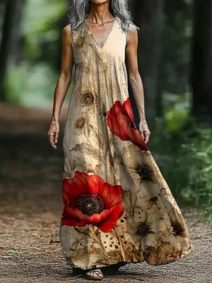 Retro Floral Print V-neck Sleeveless Loose Midi Dress