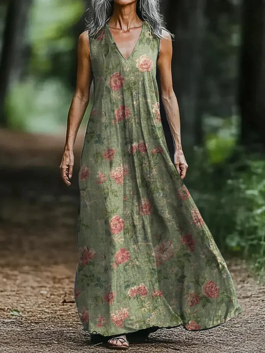 Retro Floral Print V-neck Sleeveless Loose Midi Dress