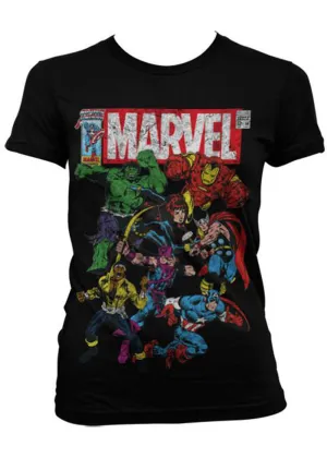 Retro Movies DC Comics Marvel Team-Up Girly T-Shirt Black