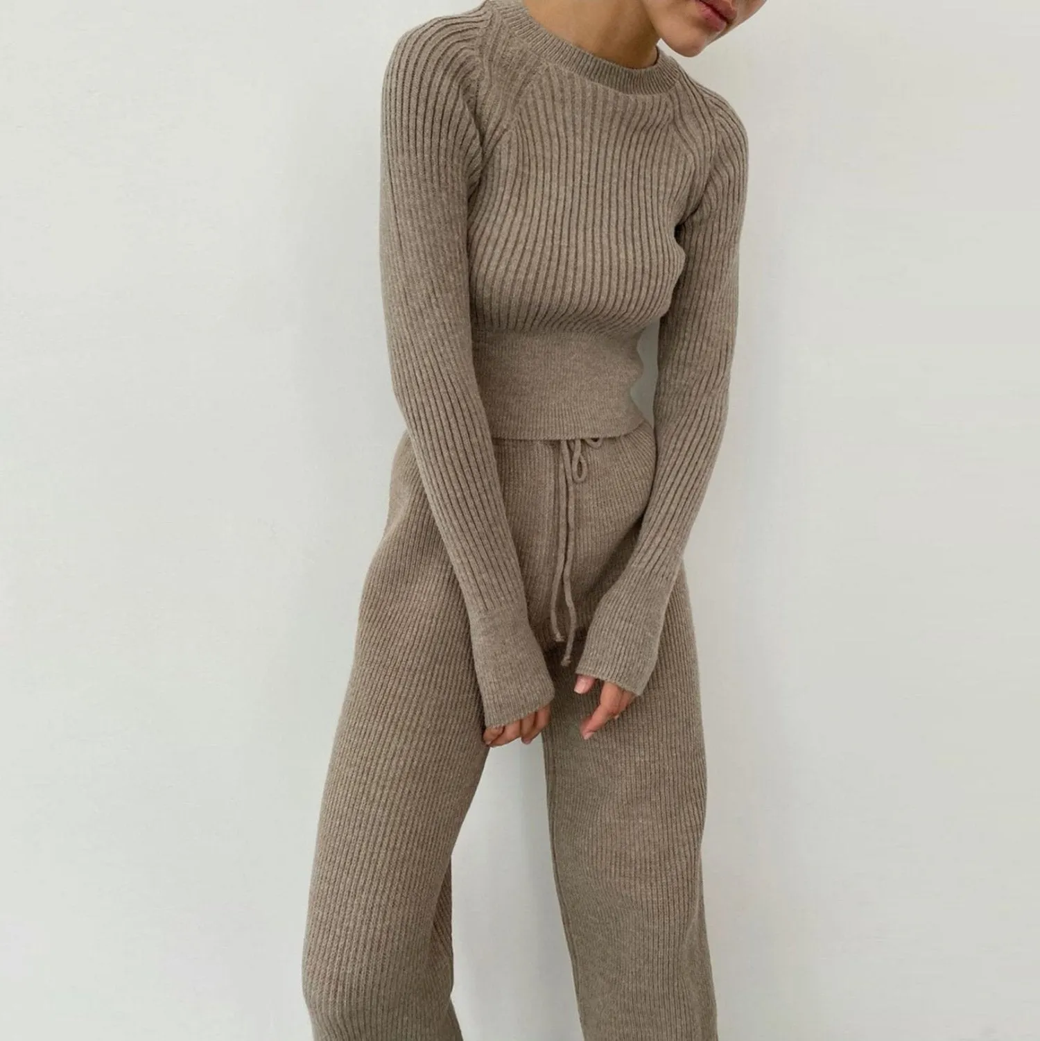 Ribbed Lace up Knitted Two Piece Set
