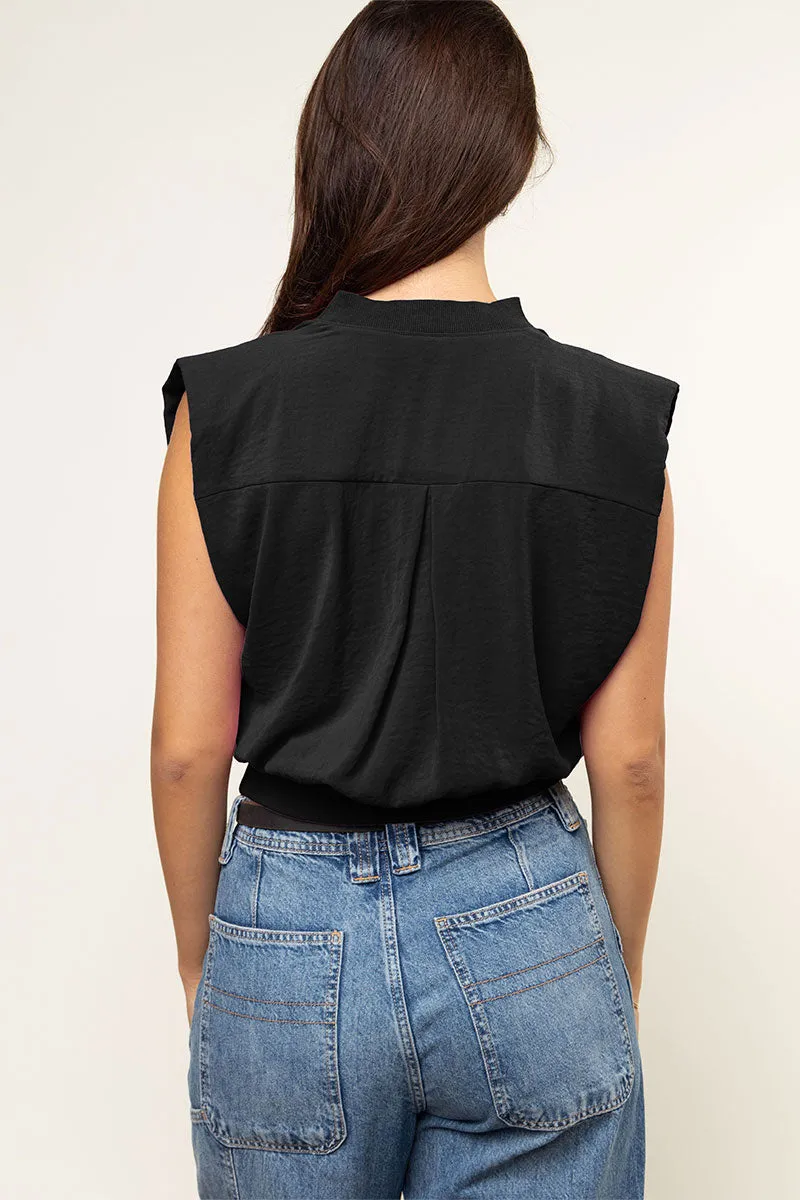 Ribbed Waist Top With Shoulder Pads