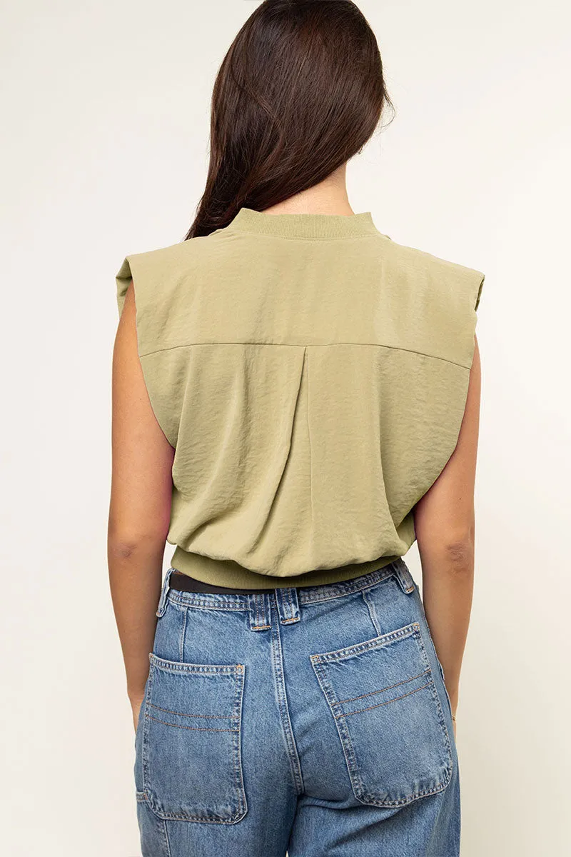 Ribbed Waist Top With Shoulder Pads